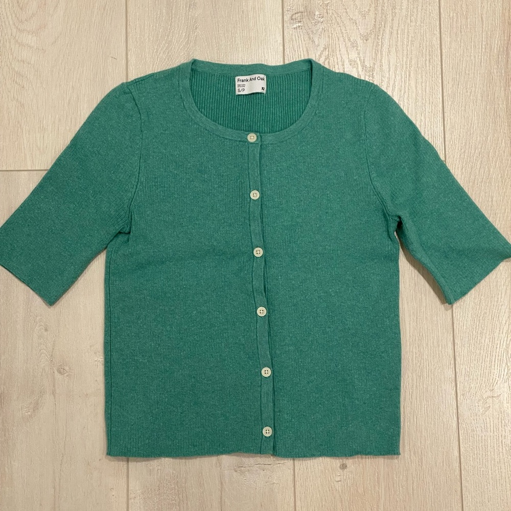 Green Short-Sleeve Button Cardigan Sweater